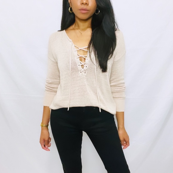 Loft | Beige Knit Long Sleeve Sweater V-Neck Lace Up Top - Picture 8 of 10